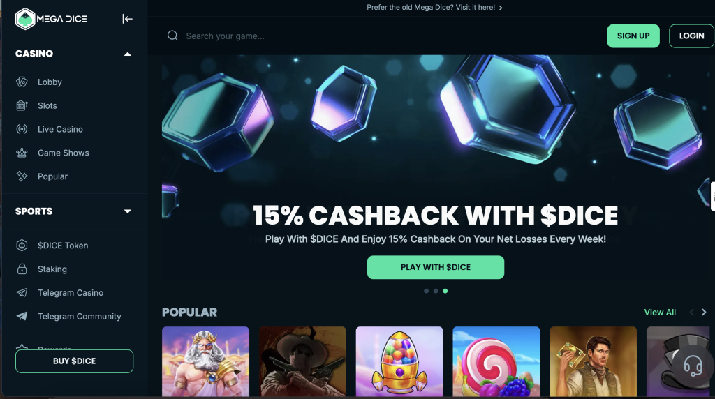 mega dice casino desktop interface